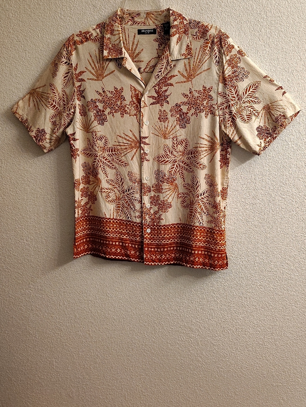 Brandini Silk Men's Sz L Cream Rust Floral Short-Sleeve Button-Down Shirt B9 X P